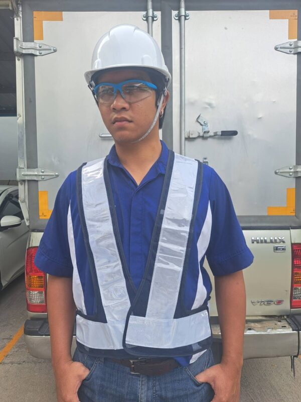 290790_0 + เสื้อกั๊กสะท้อนแสงสีขาว ทรง V ตาข่ายดำ แถบขาว กว้าง 3 นิ้ว อย่างดี