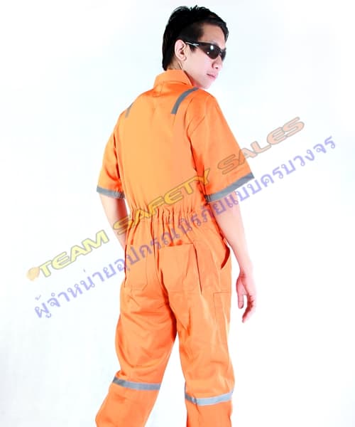 (11)+ ชุดหมี ชุดช่าง เสริมแถบสะท้อนแสงแบบแขนสั้น สีส้ม
